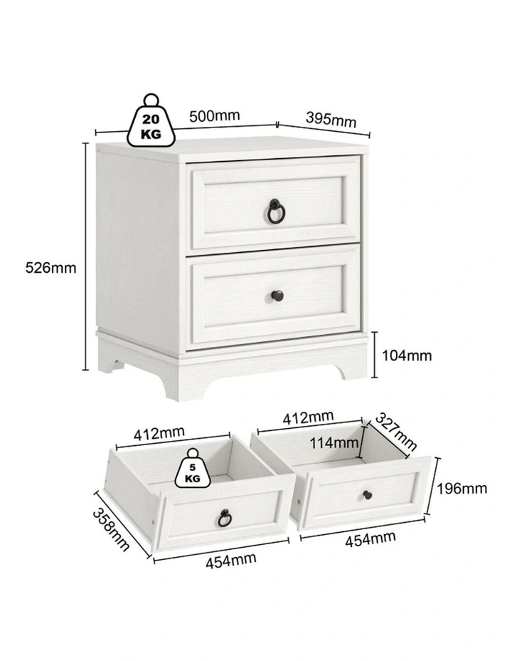 White 2 Drawer Bedside Table - Classic Hamptons Style - Foil-laminated Particleboard & MDF image 5