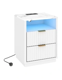 White RGB LED Bedside Table with Charging Station - Foil-laminated Particleboard & MDF