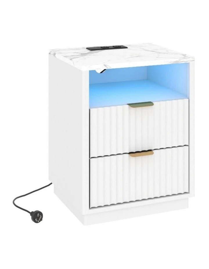 White RGB LED Bedside Table with Charging Station - Foil-laminated Particleboard & MDF image 1