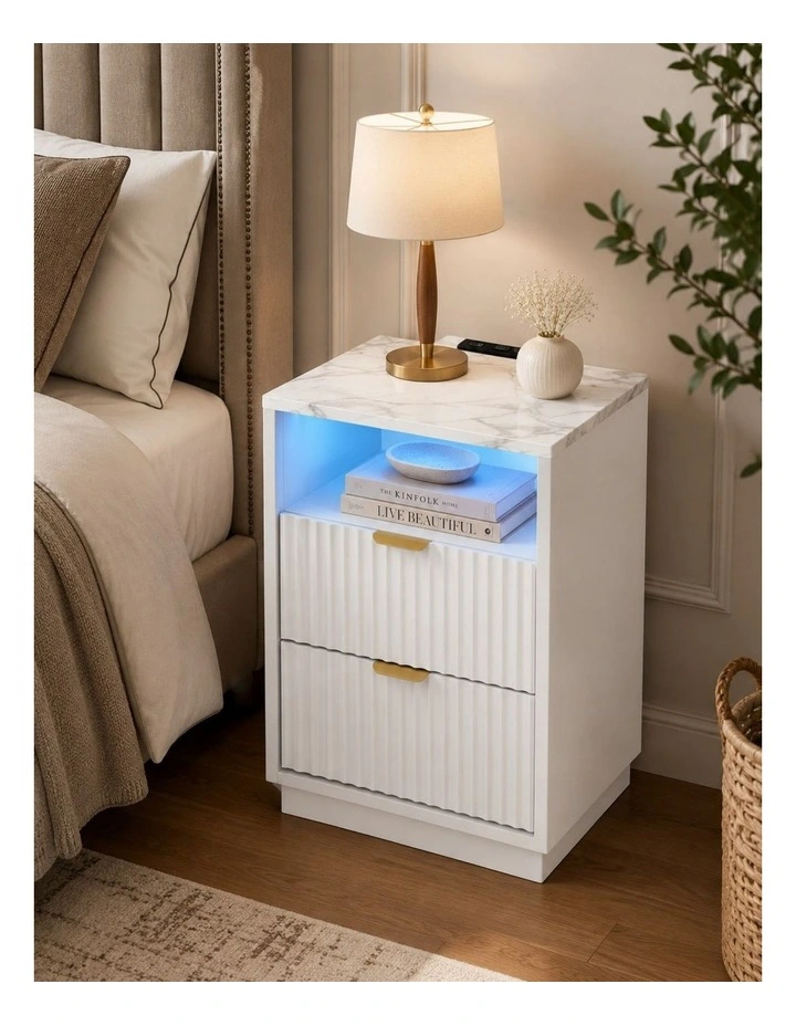 White RGB LED Bedside Table with Charging Station - Foil-laminated Particleboard & MDF image 2