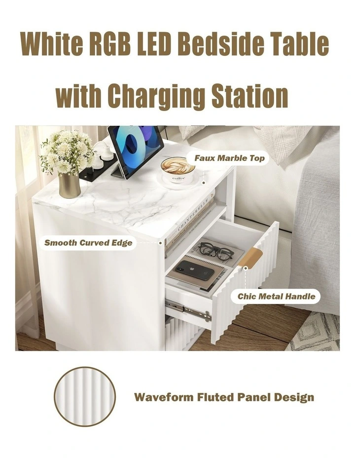 White RGB LED Bedside Table with Charging Station - Foil-laminated Particleboard & MDF image 4
