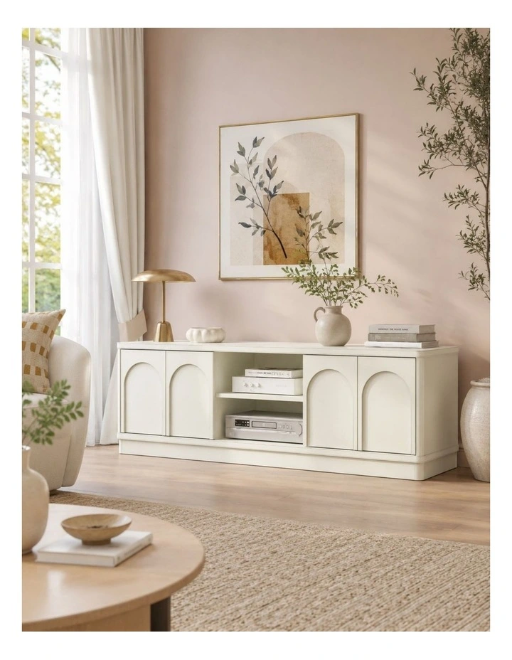 Pearl White TV Entertainment Unit Open Shelves TV Cabinet - Foil-laminated Particleboard & MDF image 3