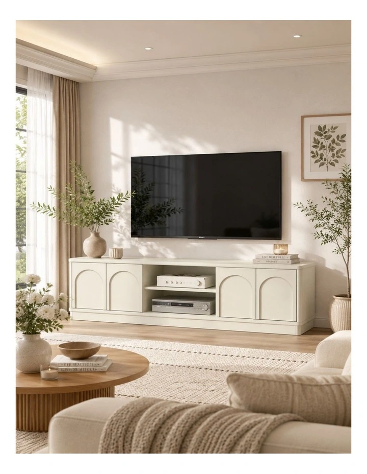 Pearl White TV Entertainment Unit Open Shelves TV Cabinet - Foil-laminated Particleboard & MDF image 6