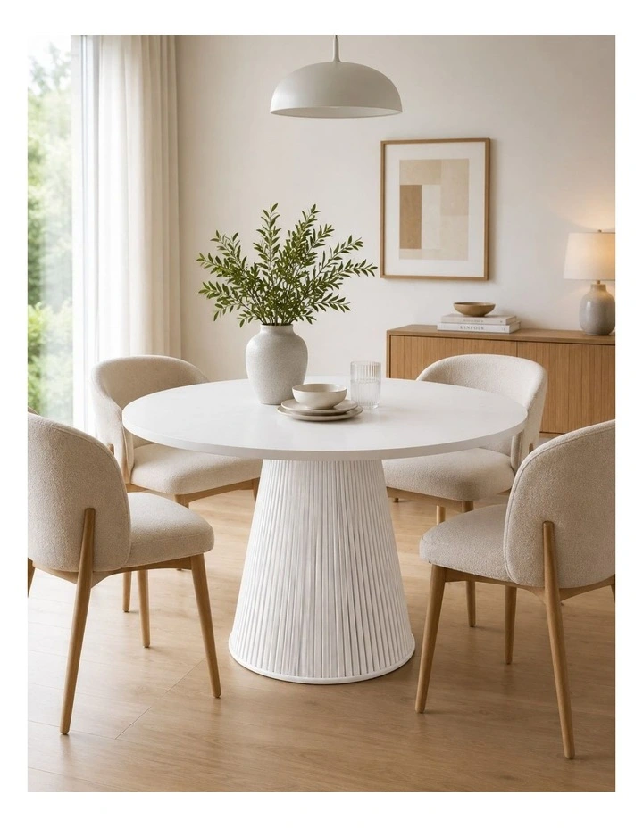 White Round Dining Table 1200mm | Fluted Base - Foil-laminated Particleboard & MDF image 2