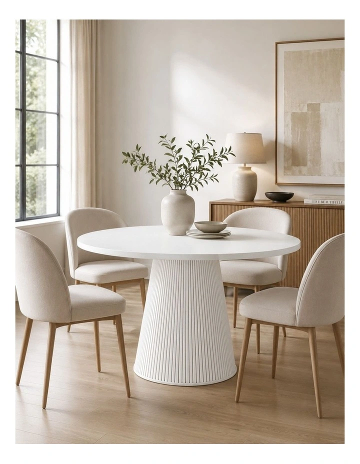 White Round Dining Table 1200mm | Fluted Base - Foil-laminated Particleboard & MDF image 3