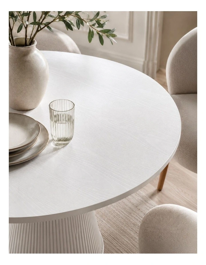 White Round Dining Table 1200mm | Fluted Base - Foil-laminated Particleboard & MDF image 4