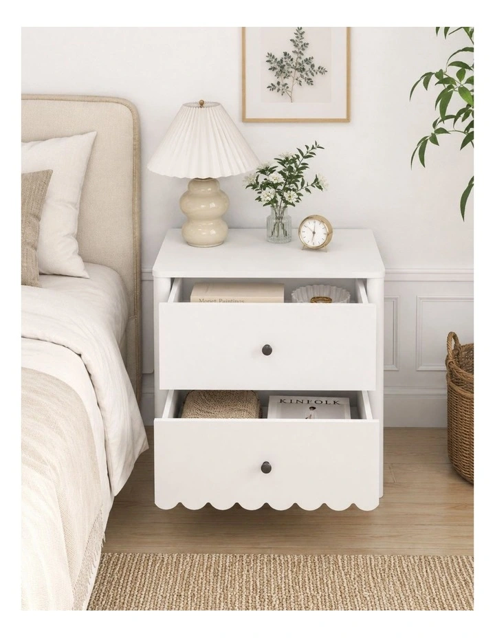 White 2 Drawer Bedside Table With Scalloped Cloud Edge - Foil-laminated Particleboard & MDF image 5
