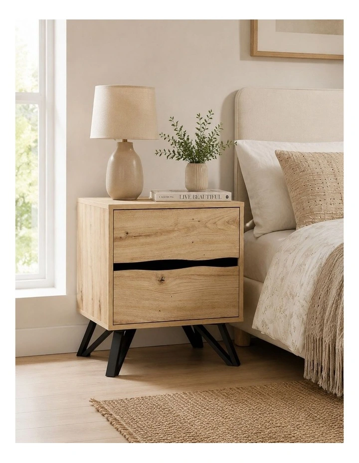 Grayson Two Drawer Bedside Table - Foil-laminated Particleboard & MDF / natural oak image 3