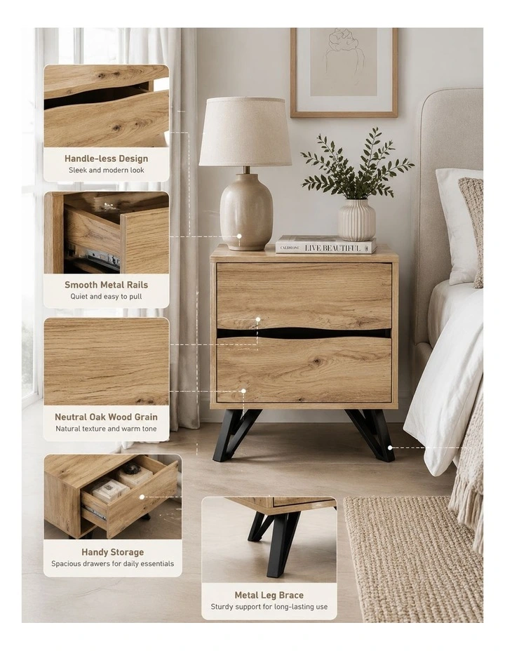 Grayson Two Drawer Bedside Table - Foil-laminated Particleboard & MDF / natural oak image 4