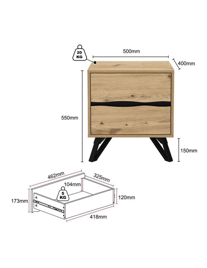 Grayson Two Drawer Bedside Table - Foil-laminated Particleboard & MDF / natural oak image 6