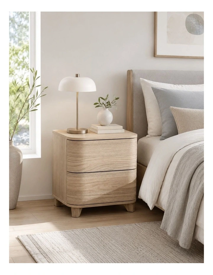 Arden Natural Oak 2 Drawer Curved Front Bedside Table - Foil-laminated Particleboard & MDF image 2