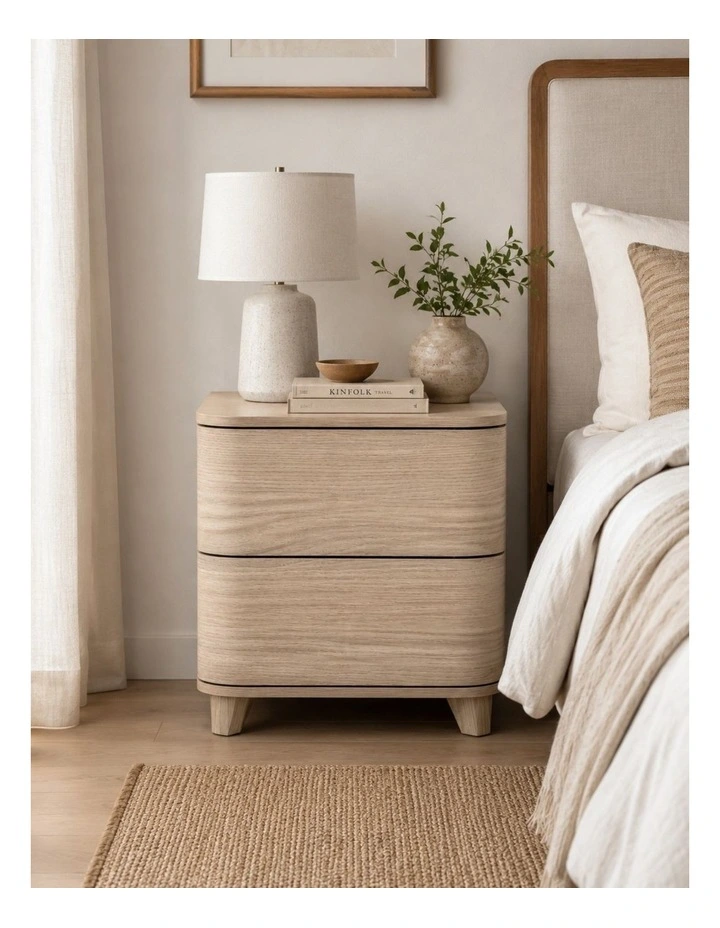 Arden Natural Oak 2 Drawer Curved Front Bedside Table - Foil-laminated Particleboard & MDF image 3