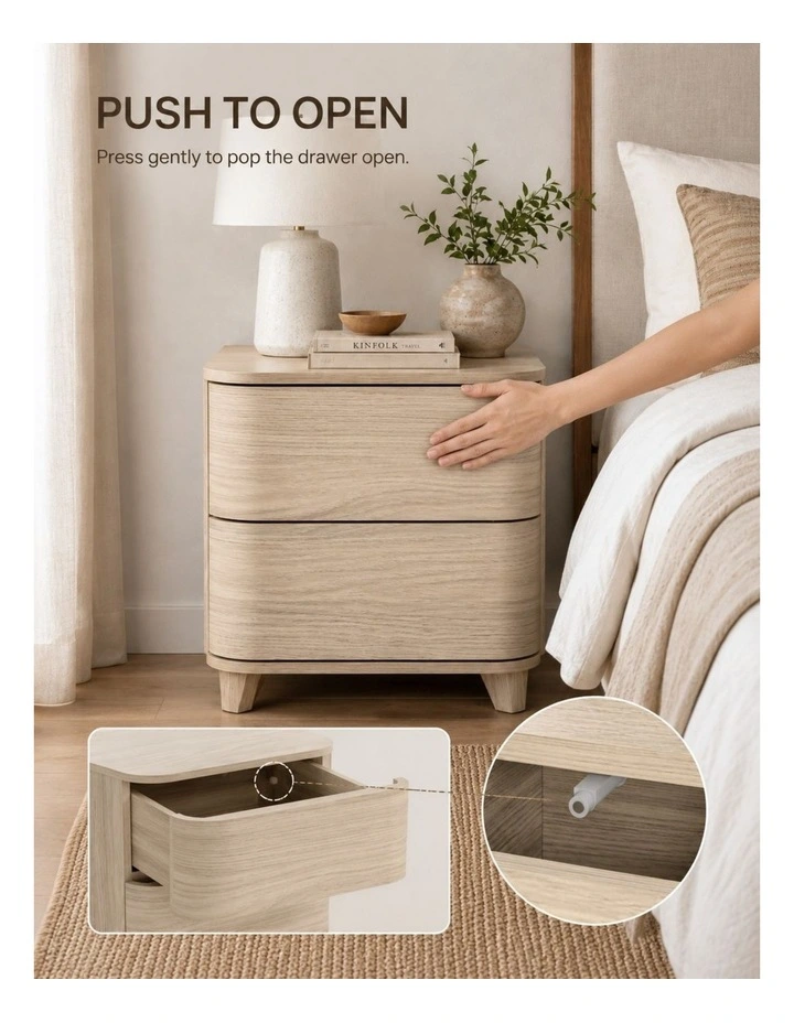 Arden Natural Oak 2 Drawer Curved Front Bedside Table - Foil-laminated Particleboard & MDF image 4