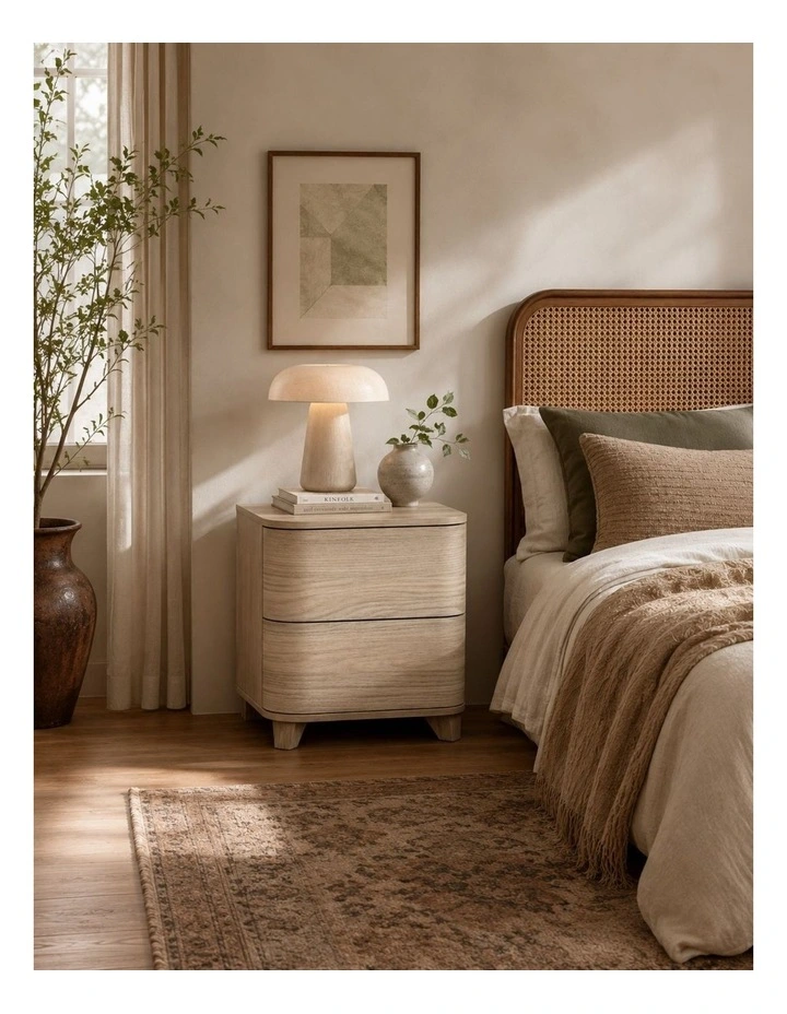 Arden Natural Oak 2 Drawer Curved Front Bedside Table - Foil-laminated Particleboard & MDF image 5
