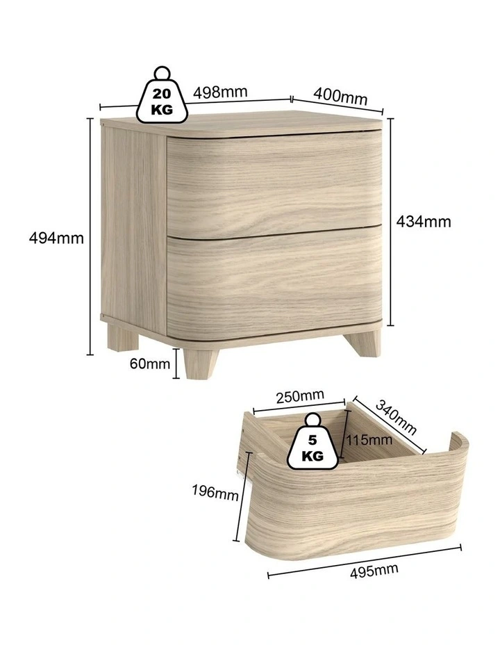 Arden Natural Oak 2 Drawer Curved Front Bedside Table - Foil-laminated Particleboard & MDF image 6