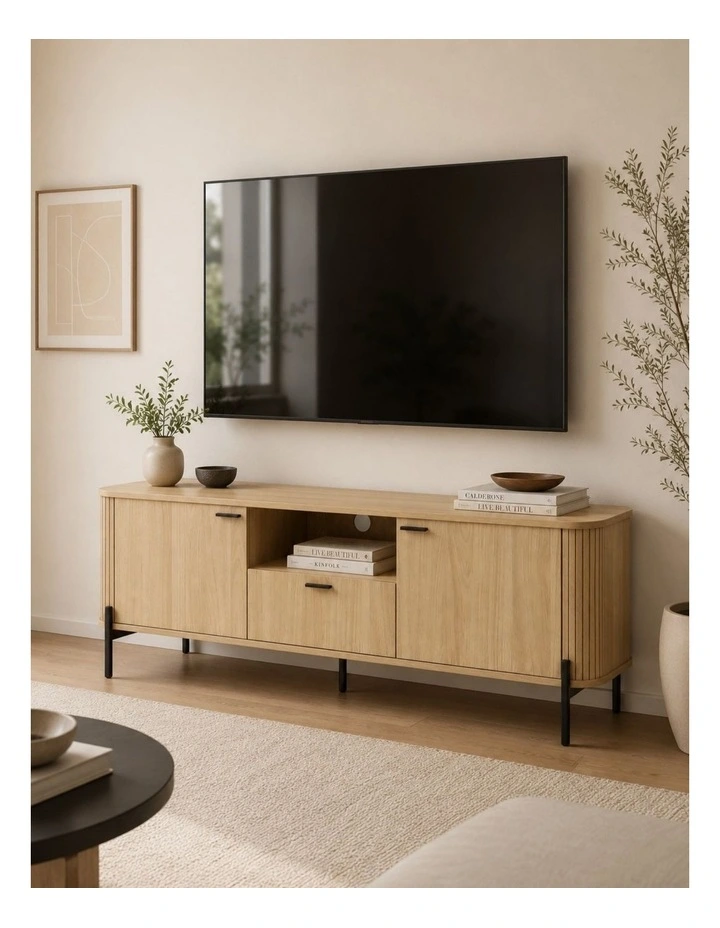 Fluted TV Entertainment Unit TV Cabinet Natural Oak 160CM - Foil-laminated Particleboard & MDF image 3