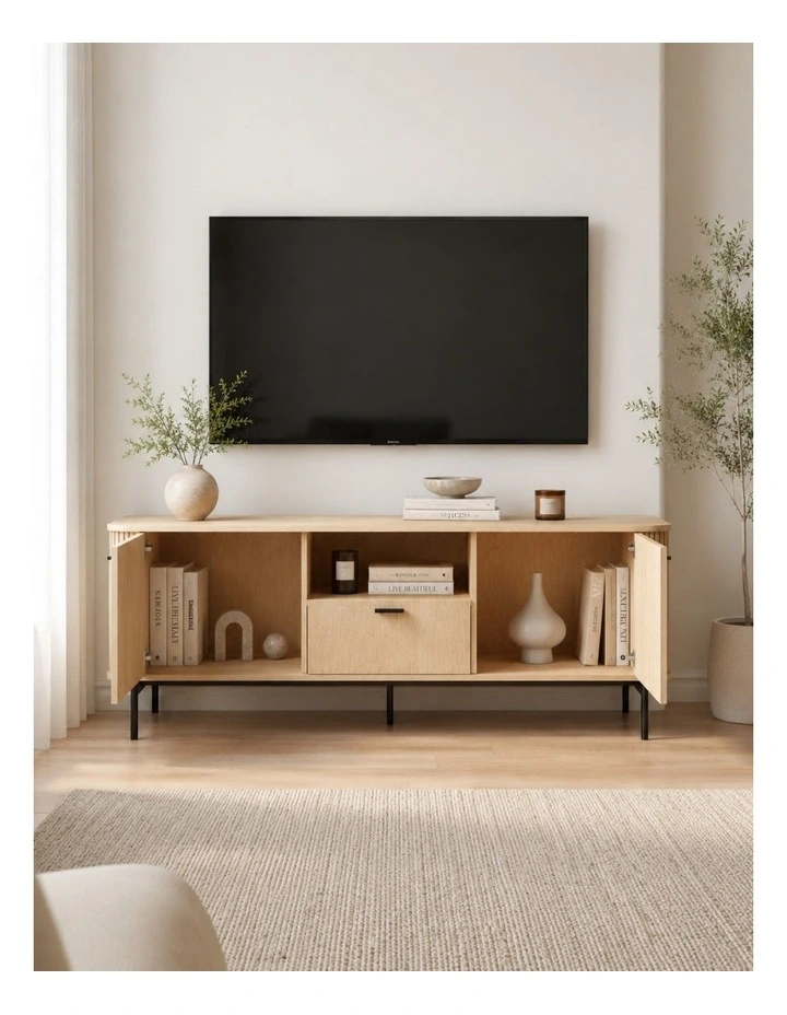 Fluted TV Entertainment Unit TV Cabinet Natural Oak 160CM - Foil-laminated Particleboard & MDF image 4