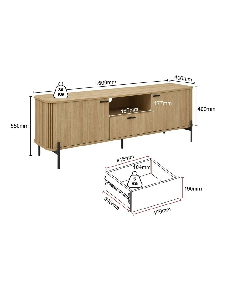 Fluted TV Entertainment Unit TV Cabinet Natural Oak 160CM - Foil-laminated Particleboard & MDF image 7