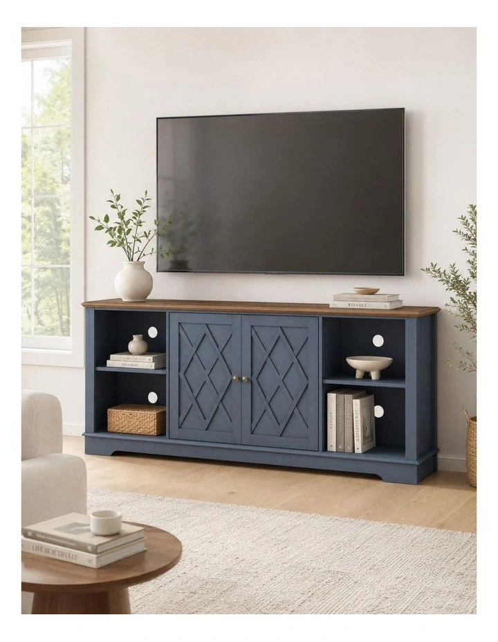 Navy Blue TV Cabinet Entertainment Unit Storage Cabinet - Foil-laminated Particleboard & MDF image 2