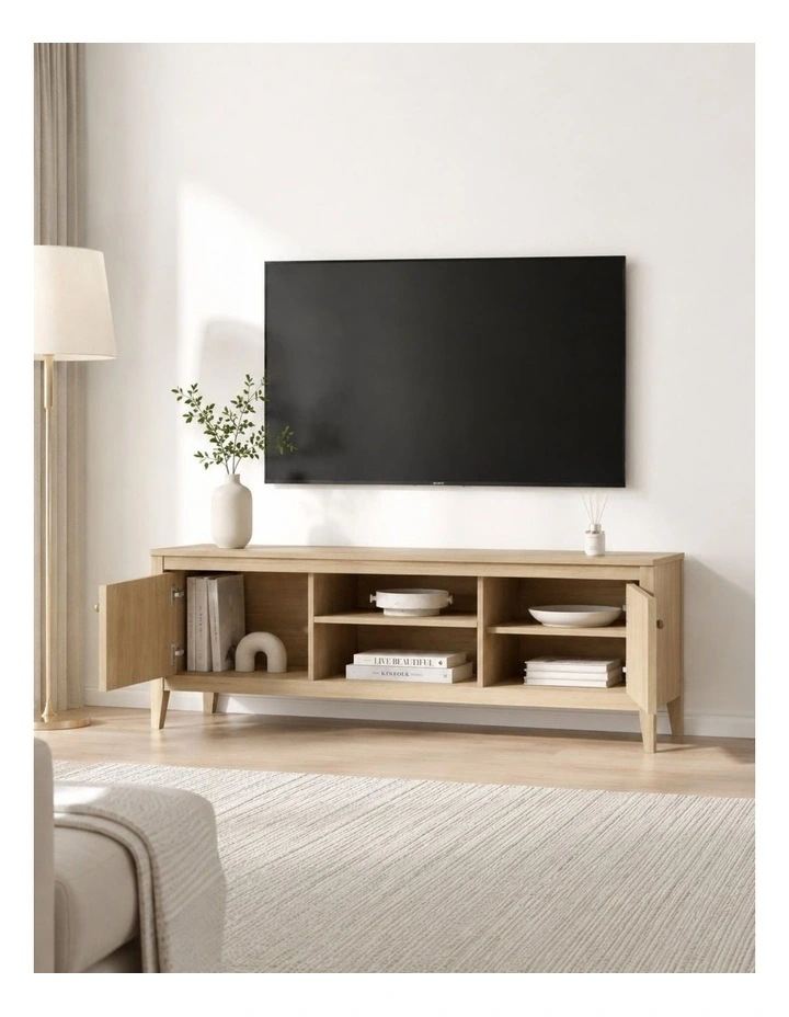 TV Entertainment Unit with 2 Doors Storage TV Cabinet with Open Shelves 140CM image 3