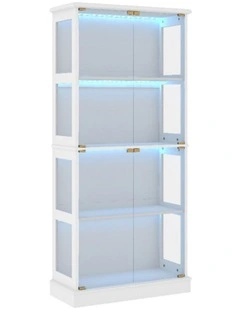 White Display Cabinet 4 - Tier Shelves Storage LED Light Bookcase Stand Rack kitchen