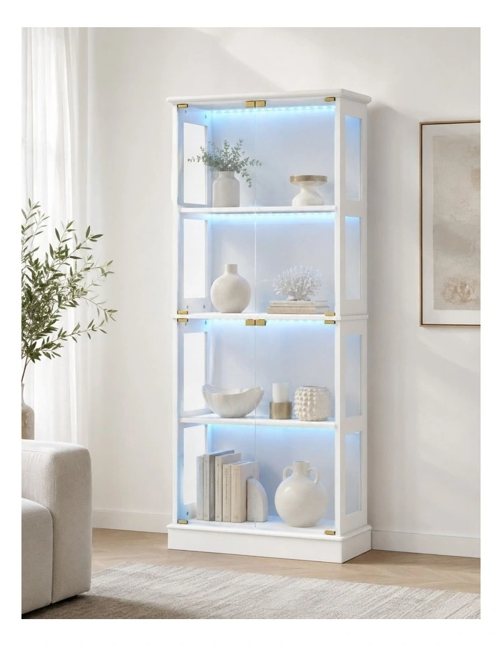 White Display Cabinet 4 - Tier Shelves Storage LED Light Bookcase Stand Rack kitchen image 3
