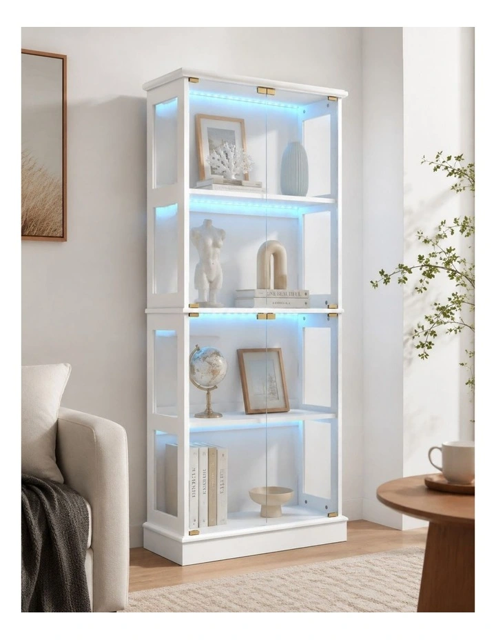 White Display Cabinet 4 - Tier Shelves Storage LED Light Bookcase Stand Rack kitchen image 4