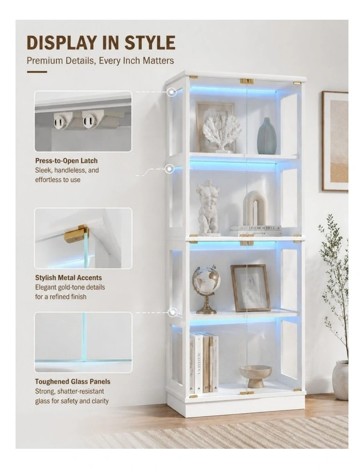White Display Cabinet 4 - Tier Shelves Storage LED Light Bookcase Stand Rack kitchen image 5