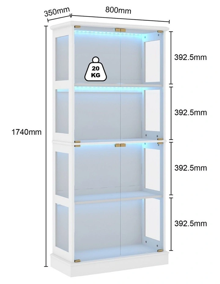 White Display Cabinet 4 - Tier Shelves Storage LED Light Bookcase Stand Rack kitchen image 6