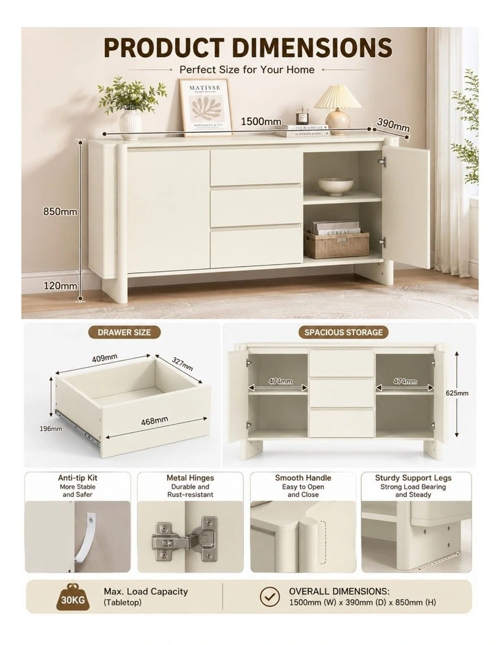 Large Sideboard 150cm Cupboard | Spacious Storage Solution - Foil-laminated Particleboard / white image 7