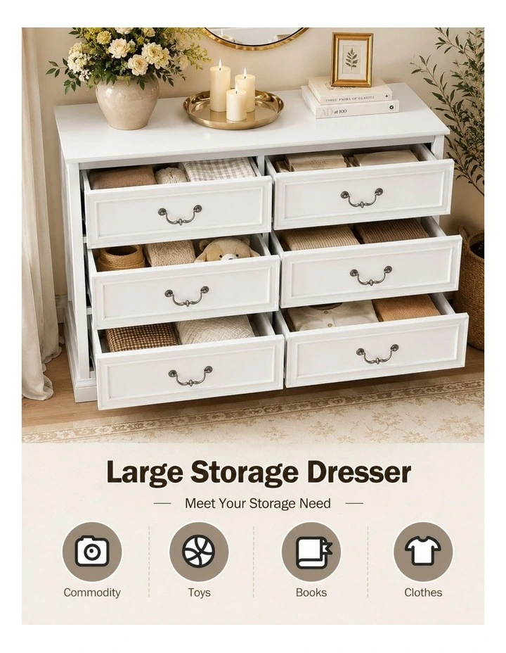 6 Chest of Drawers Lowboy Dresser Storage Cabinet Bedroom White - Foil-laminated Particleboard & MDF image 5