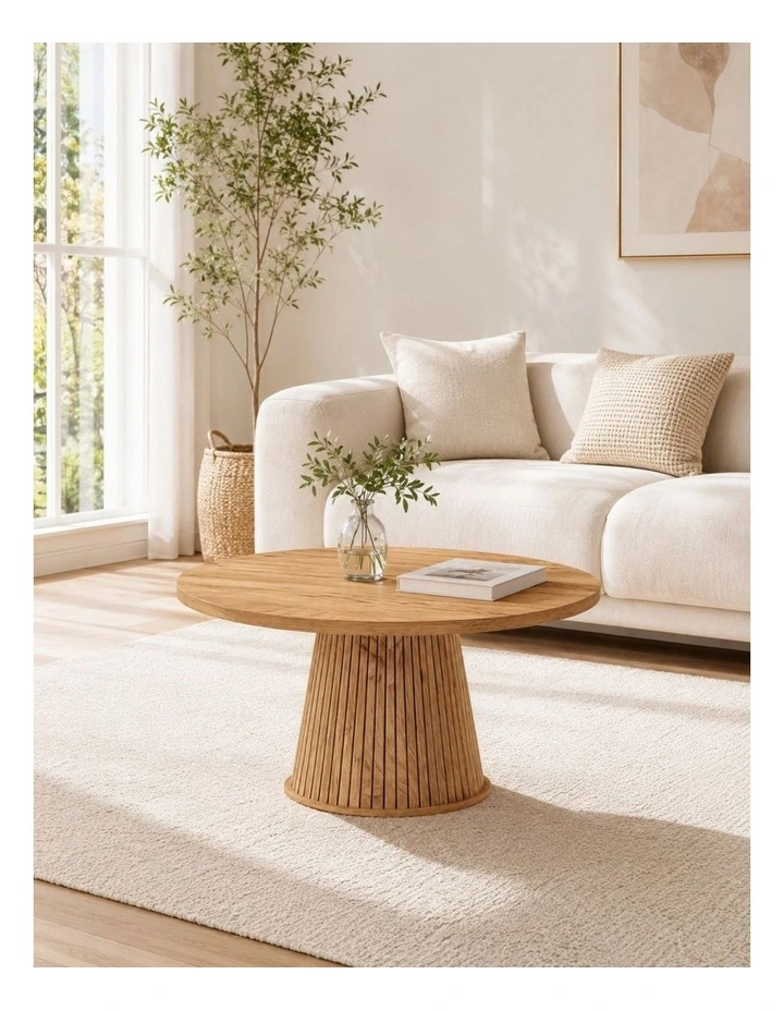 Byron 80cm Round Fluted Coffee Table - Natural Oak Wood Grain - Foil-laminated Particleboard & MDF image 2