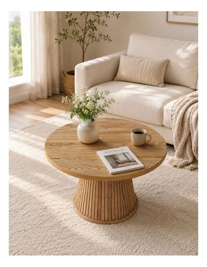 Byron 80cm Round Fluted Coffee Table - Natural Oak Wood Grain - Foil-laminated Particleboard & MDF image 3