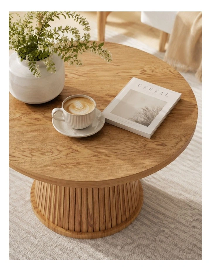 Byron 80cm Round Fluted Coffee Table - Natural Oak Wood Grain - Foil-laminated Particleboard & MDF image 4