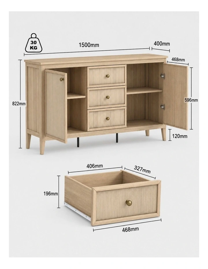 Buffet Sideboard Cabinet 150cm Cupboard - Foil-laminated Particleboard & MDF / oak image 7