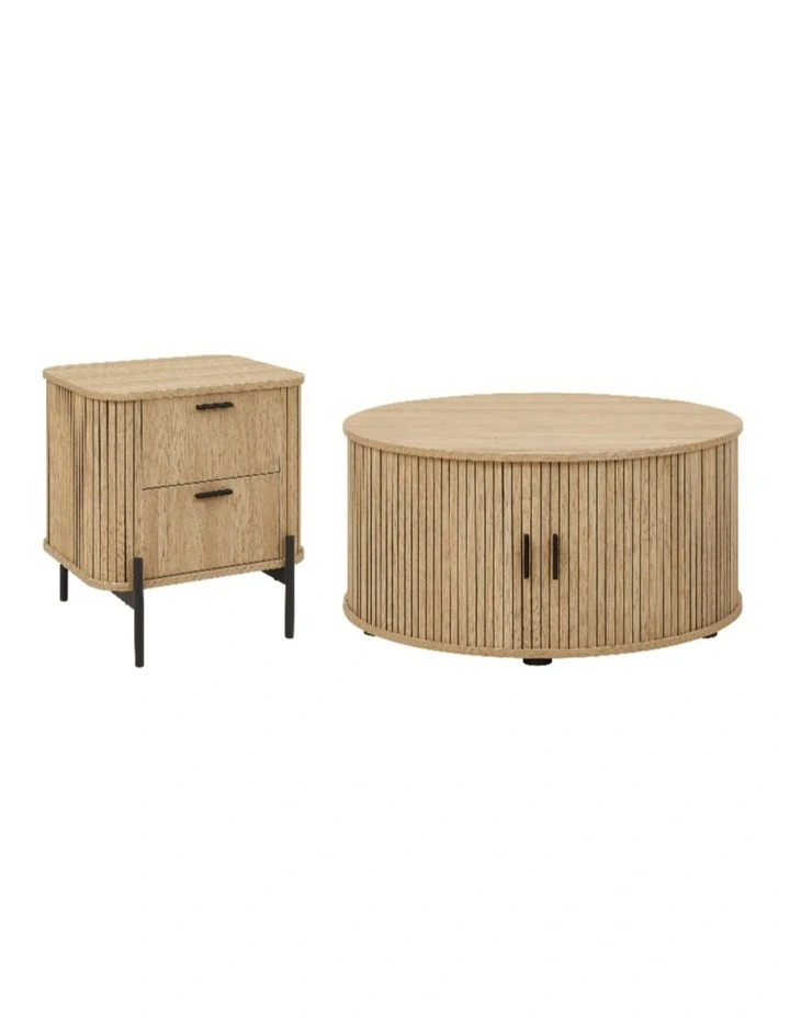 Bedside Table and Round Coffee Table - Foil-laminated Particleboard & MDF / oak image 1