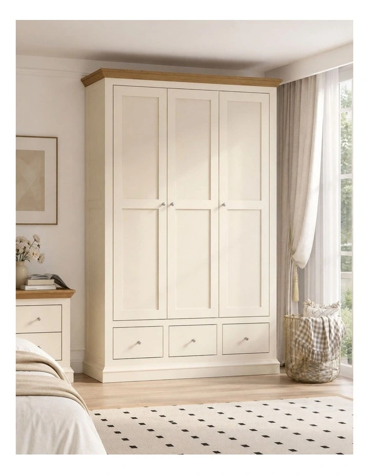 Hannah French Provincial 3-Door 3-Drawer Wardrobe - Foil-laminated Particleboard & MDF / Cream white image 3