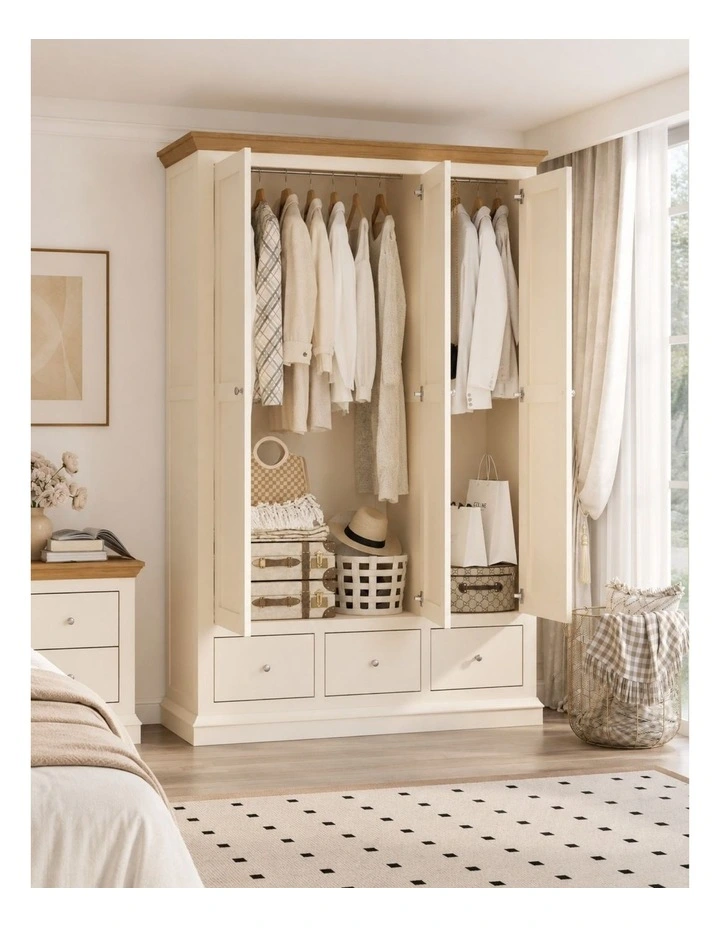 Hannah French Provincial 3-Door 3-Drawer Wardrobe - Foil-laminated Particleboard & MDF / Cream white image 4