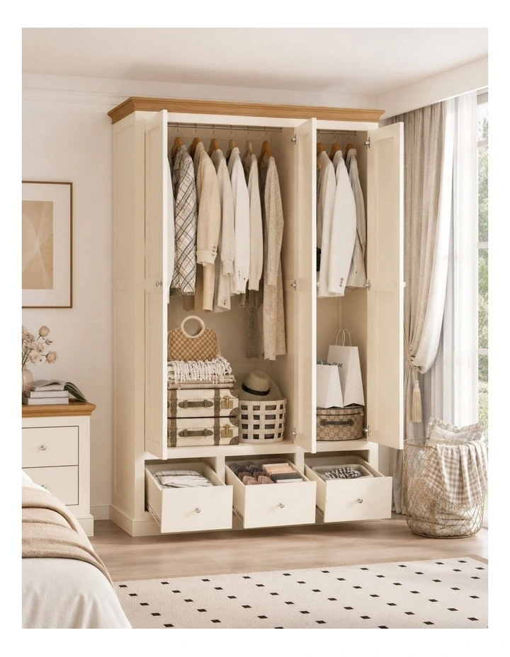Hannah French Provincial 3-Door 3-Drawer Wardrobe - Foil-laminated Particleboard & MDF / Cream white image 5