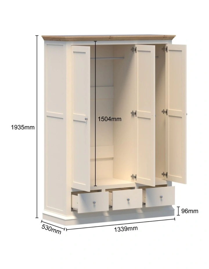 Hannah French Provincial 3-Door 3-Drawer Wardrobe - Foil-laminated Particleboard & MDF / Cream white image 6