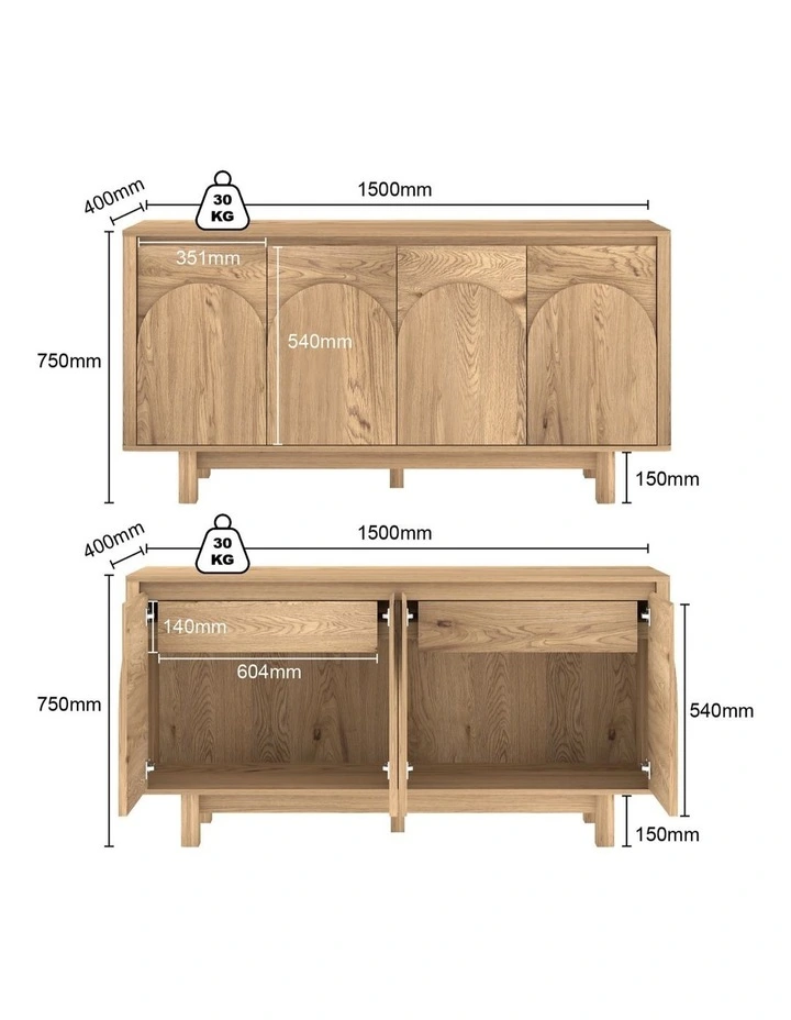 4 Door Buffet Sideboard L150cm - Foil-laminated Particleboard & MDF / oak image 5