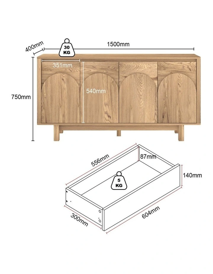 4 Door Buffet Sideboard L150cm - Foil-laminated Particleboard & MDF / oak image 6