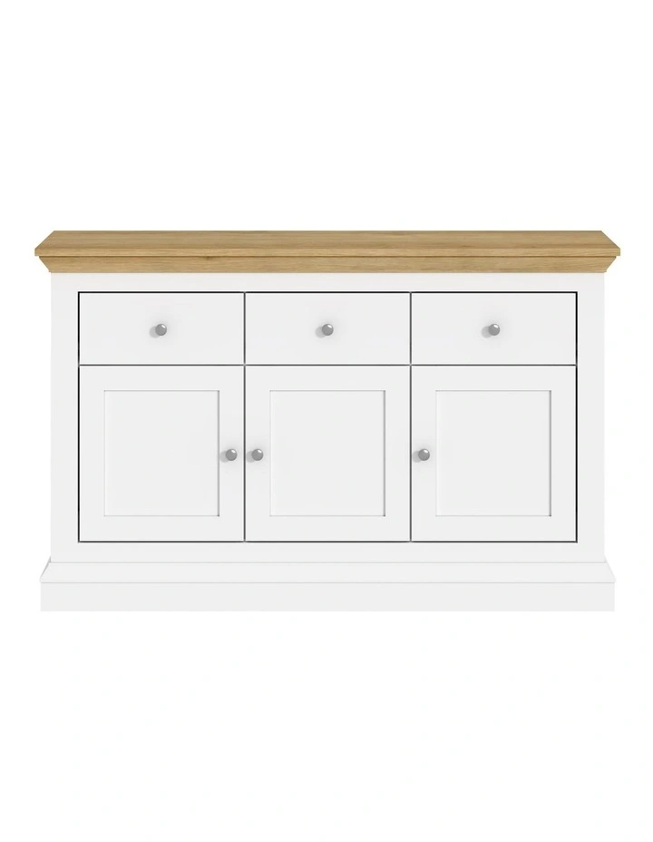 White & Timber Sideboard | 3 Drawer 3 Door Hamptons Buffet image 1