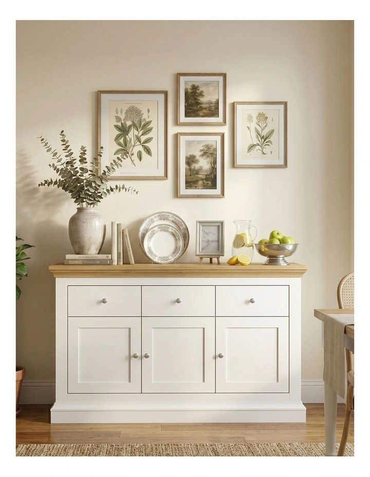 White & Timber Sideboard | 3 Drawer 3 Door Hamptons Buffet image 3