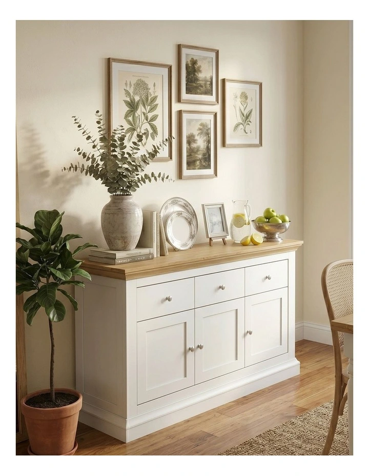 White & Timber Sideboard | 3 Drawer 3 Door Hamptons Buffet image 4