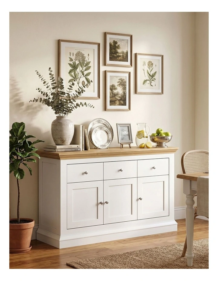 White & Timber Sideboard | 3 Drawer 3 Door Hamptons Buffet image 5