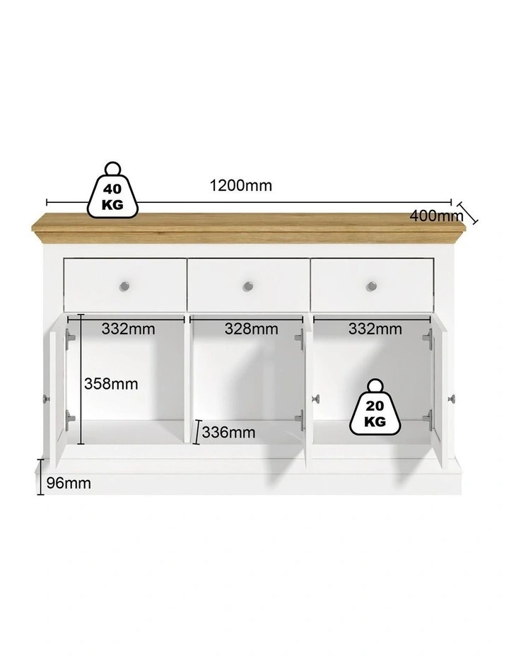 White & Timber Sideboard | 3 Drawer 3 Door Hamptons Buffet image 7