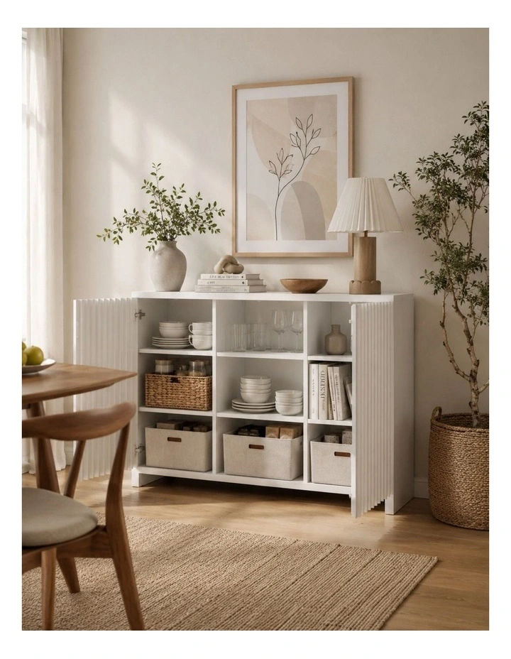 White Sideboard - Fluted Buffet Cabinet Modern Storage Cabinet - Foil-laminated Particleboard & MDF image 3
