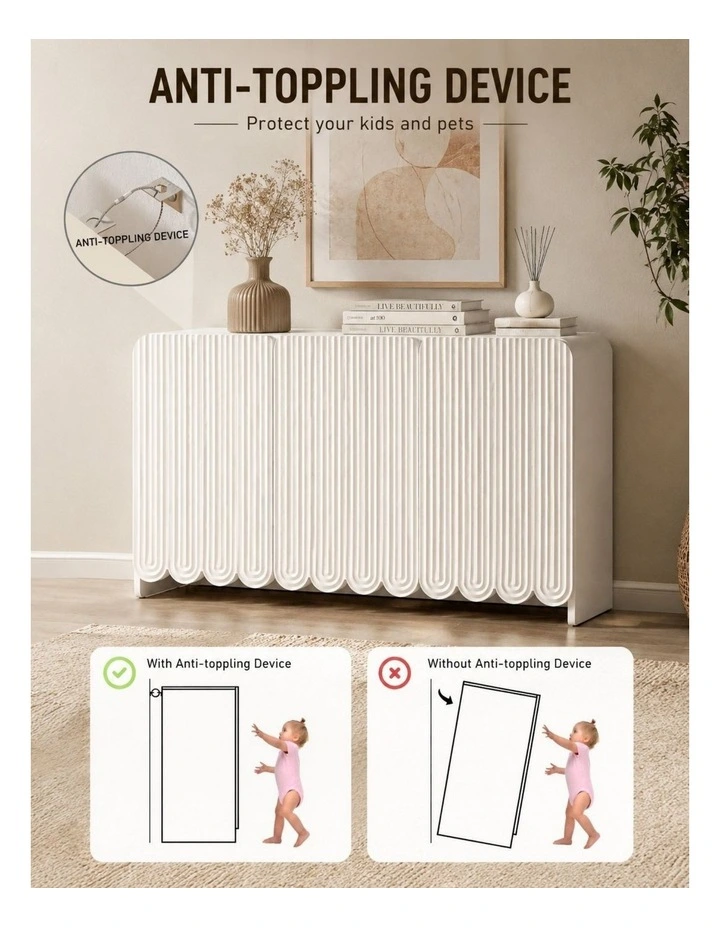 White Sideboard - Fluted Buffet Cabinet Modern Storage Cabinet - Foil-laminated Particleboard & MDF image 5