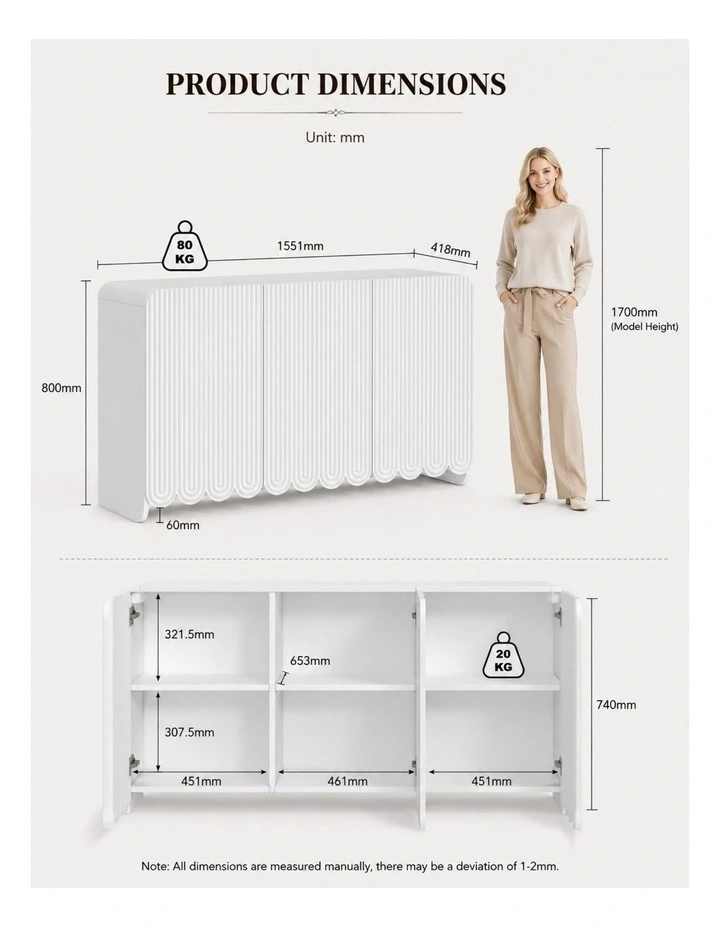 White Sideboard - Fluted Buffet Cabinet Modern Storage Cabinet - Foil-laminated Particleboard & MDF image 7
